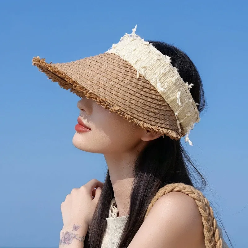 

Women Decorative Summer Straw Visor Hat Breathable Wide Brim Sun Cap Golf Beach Foldable Duck Tongue DesignSun Hat