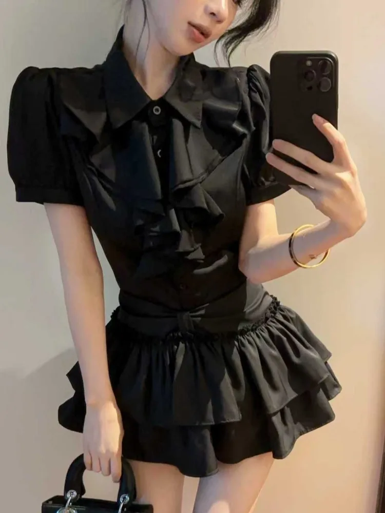 

Sweet Pure Design Bubble Sleeve Shirt Top Women's Spring Summer New Waist Cinching Slim Cake Half Skirt Set Korean Style Slim...