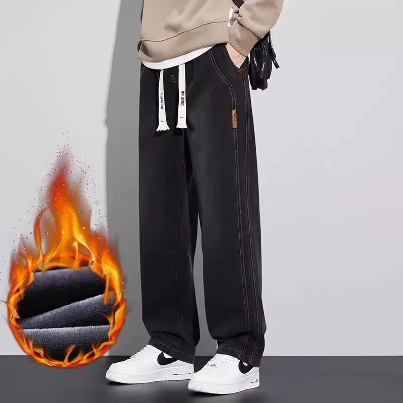 Men's Fce Lined Thiened Elastic Waist Straight Leg Casual Workwear Jeans Spring Autumn Winter New Sle Loose Long Pants
