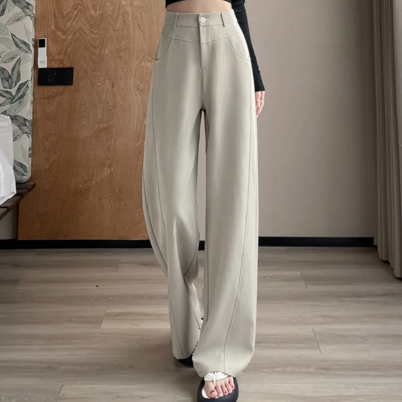 กางเกงขายาวทรงขากว้างเอวสูงสไตล์วินเทจสำหรับผู้หญิง รุ่นใหม่ประจำฤดูใบไม้ร่วงปี 2025 สีพื้นเรียบง่าย กระดุมเดี่ยว สวมใส่สบายๆ