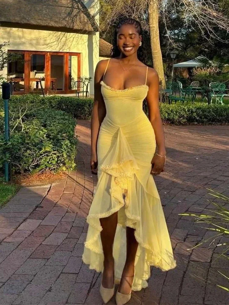 

Weird Puss Ruffles Bandage Dress Women Sexy Backless Sleeveless Tassel Lace-Neck See Through Slits Hem Prom Party Long Bodycon