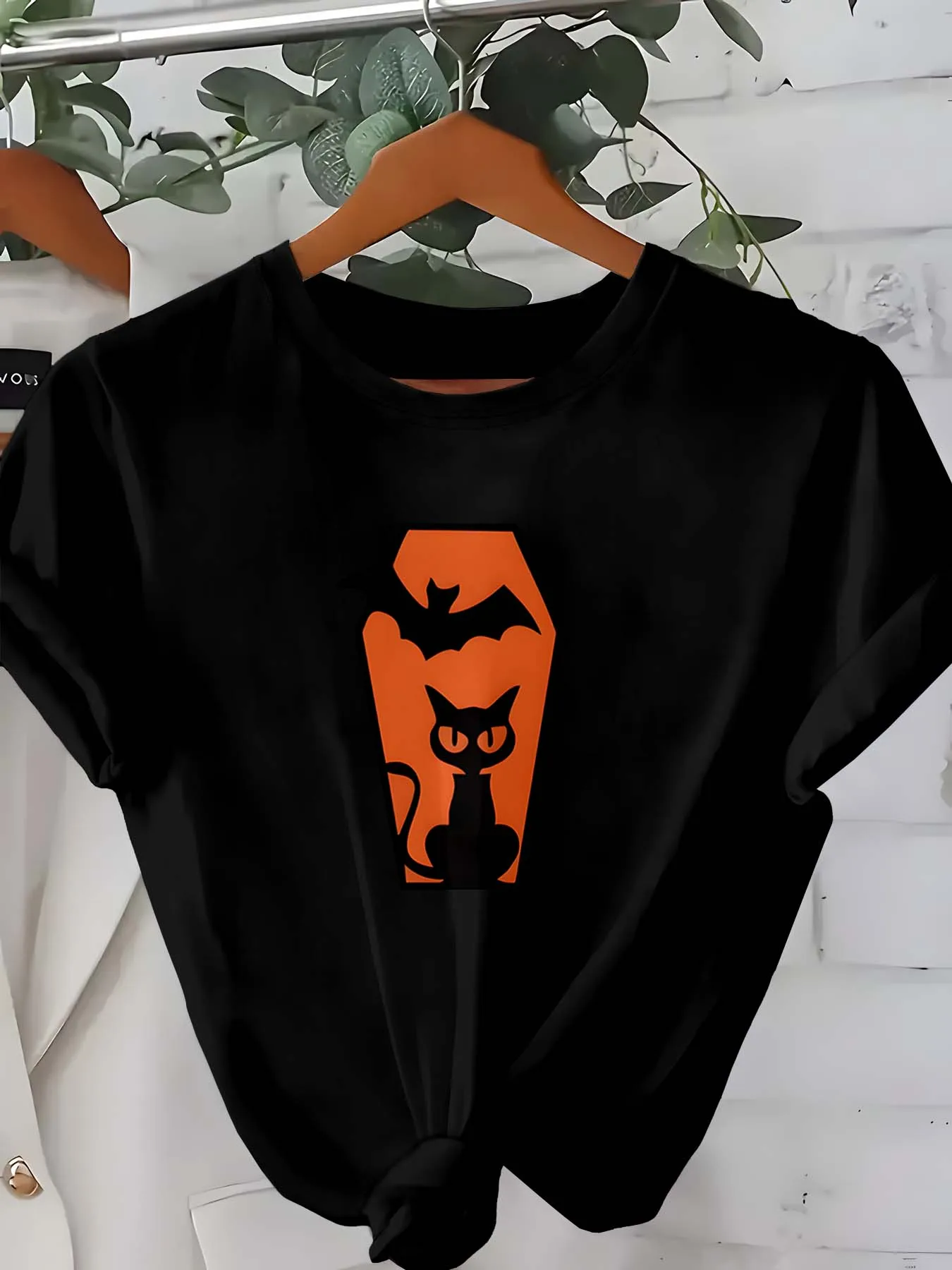Plus Size Halloween Themed Attire With Coffin Silhouette Black Cat And Bat Motifs For Spooky Chic Vibes