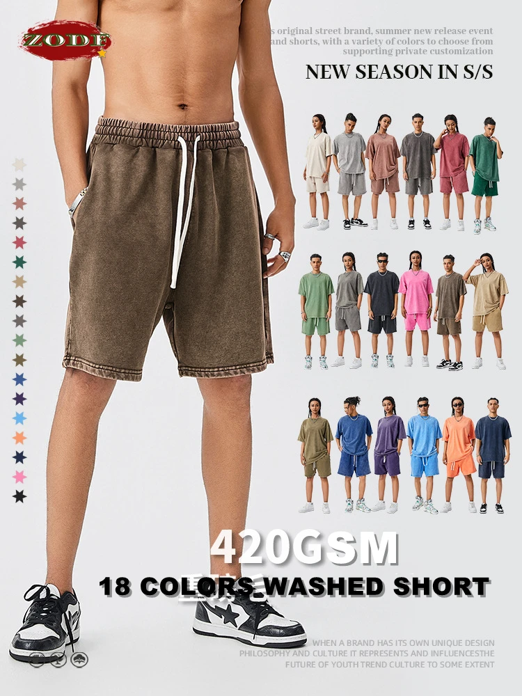 ZODF Trendy Batik Washed 420gsm Cotton Shorts For Men Retro Unisex Basic Heavy Weight Loose Solid Shorts Brand Bottoms HY0855