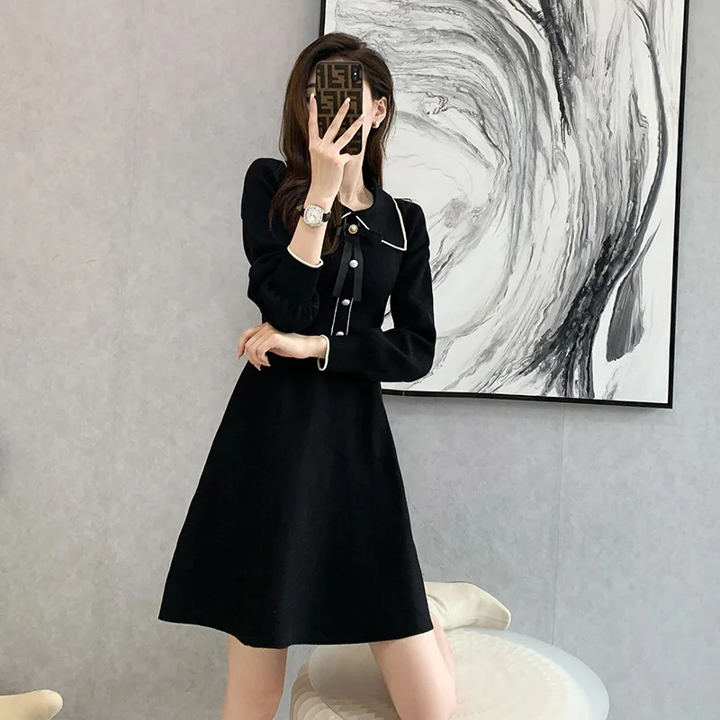 

Autumn Black Dresses For Women Long Sleeved Sweet Temperament Commuting Round Neck Pullover Dress