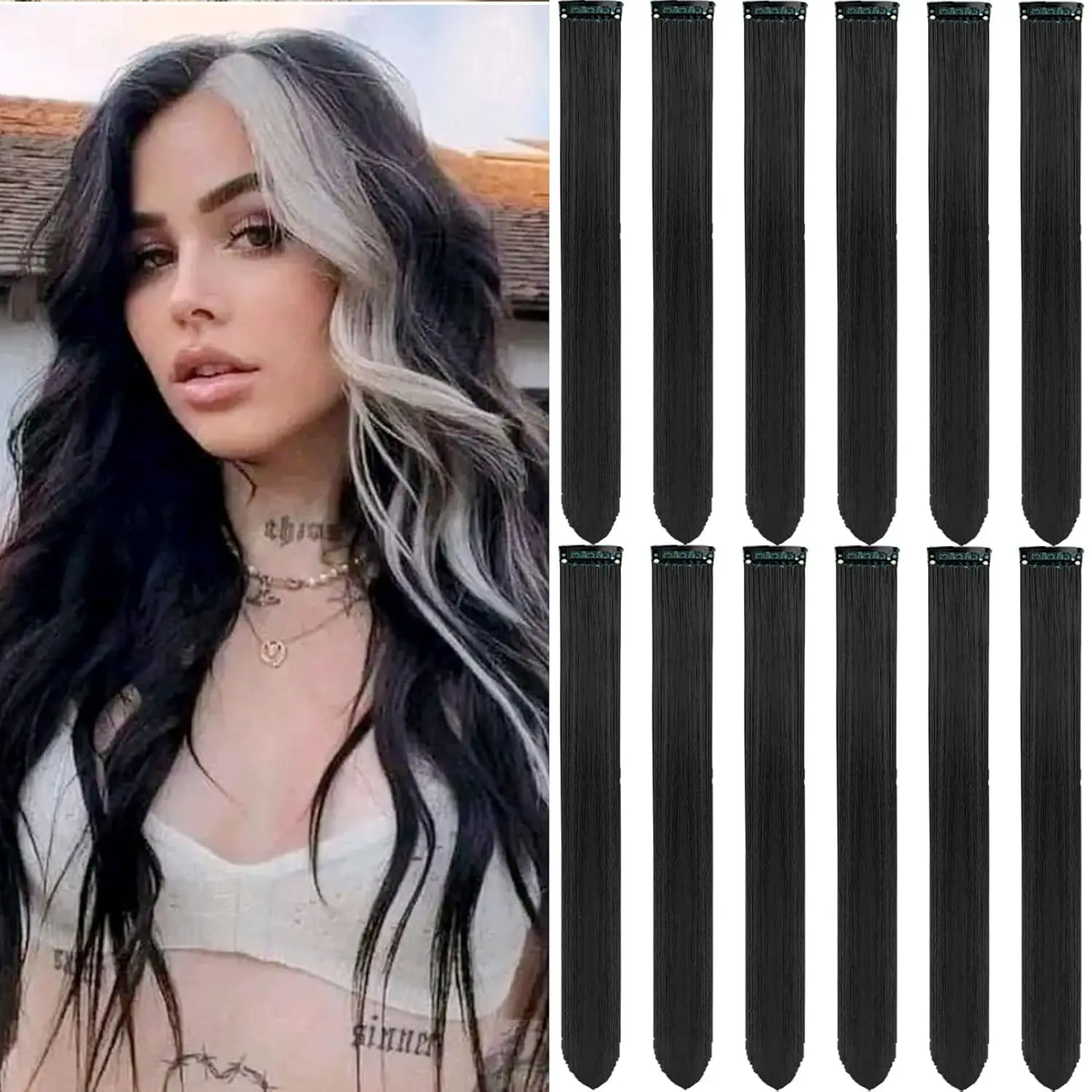 

12 PCS Long Straight Synthetic Black Hair Extensions Clip in Colored Party Highlights Hairpieces for Women Kids Girls Halloween