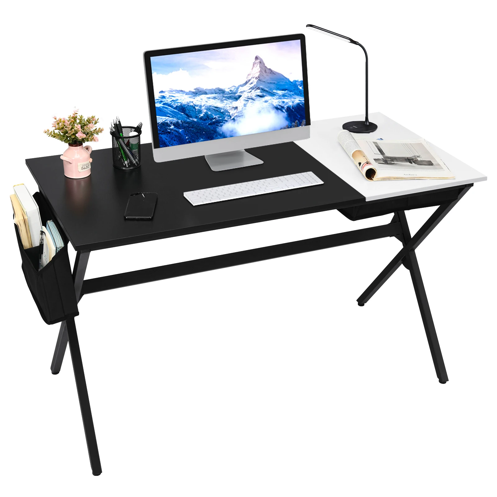 PC table Modern Wood Folding Tabletop Computer table Side bag & Metal Frame Desk