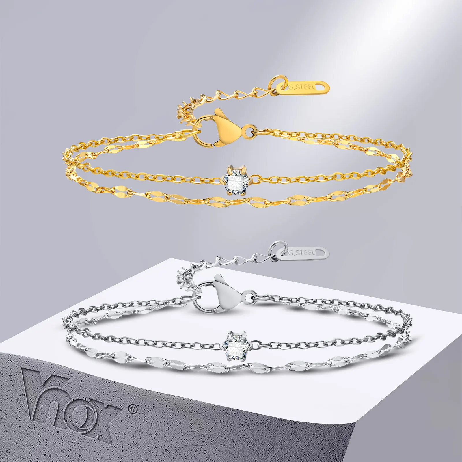 Vnox Delicate CZ Stone Chain Bracelets for Women Men, Slim Double Links Chain Japan&Korea Style Wristband Birthday Gifts Jewelry