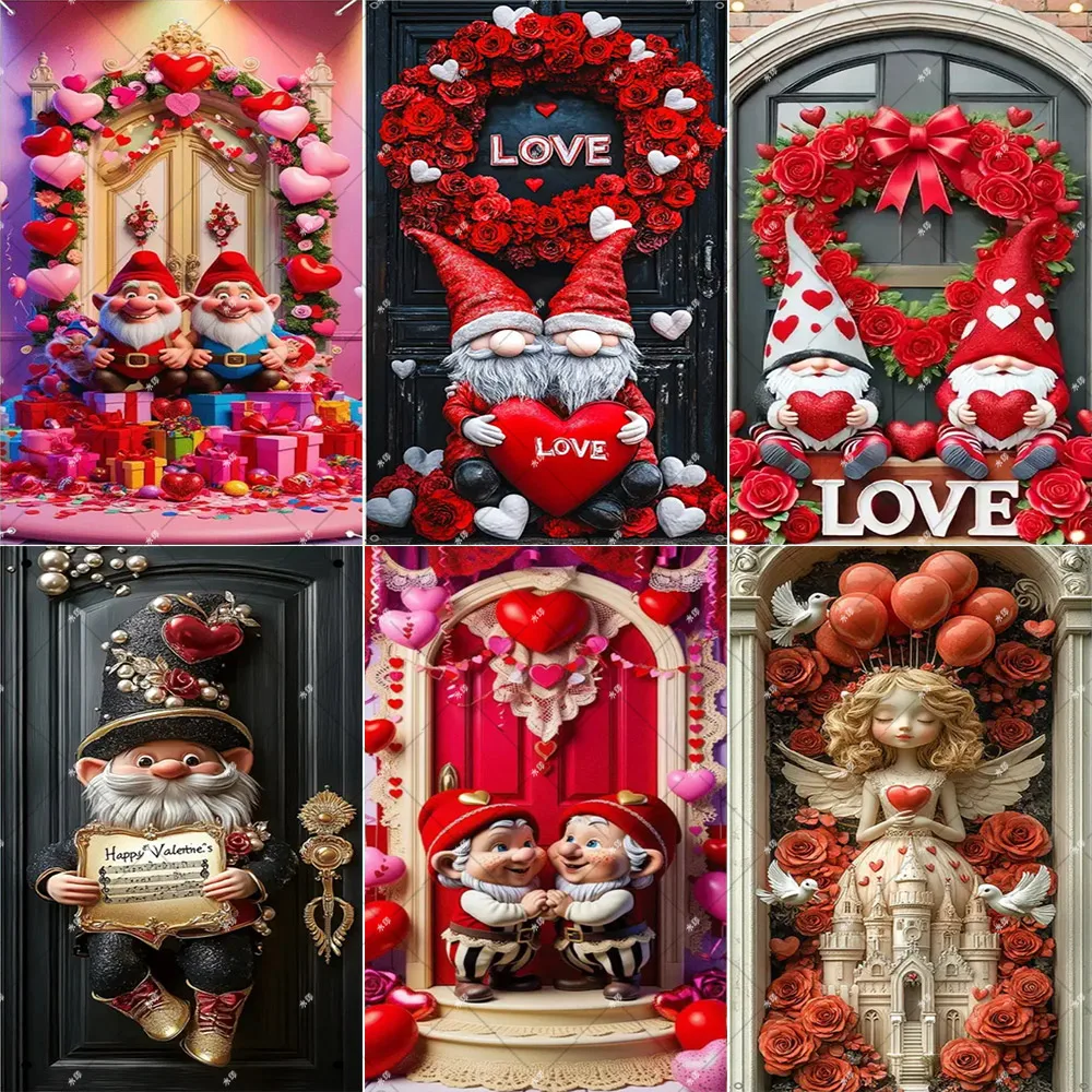 Red Romantic Valentine's Day Love Leprechaun Gnome Door Banner Cover Porch Decor Arrangement Holiday Party Photography Backdrop