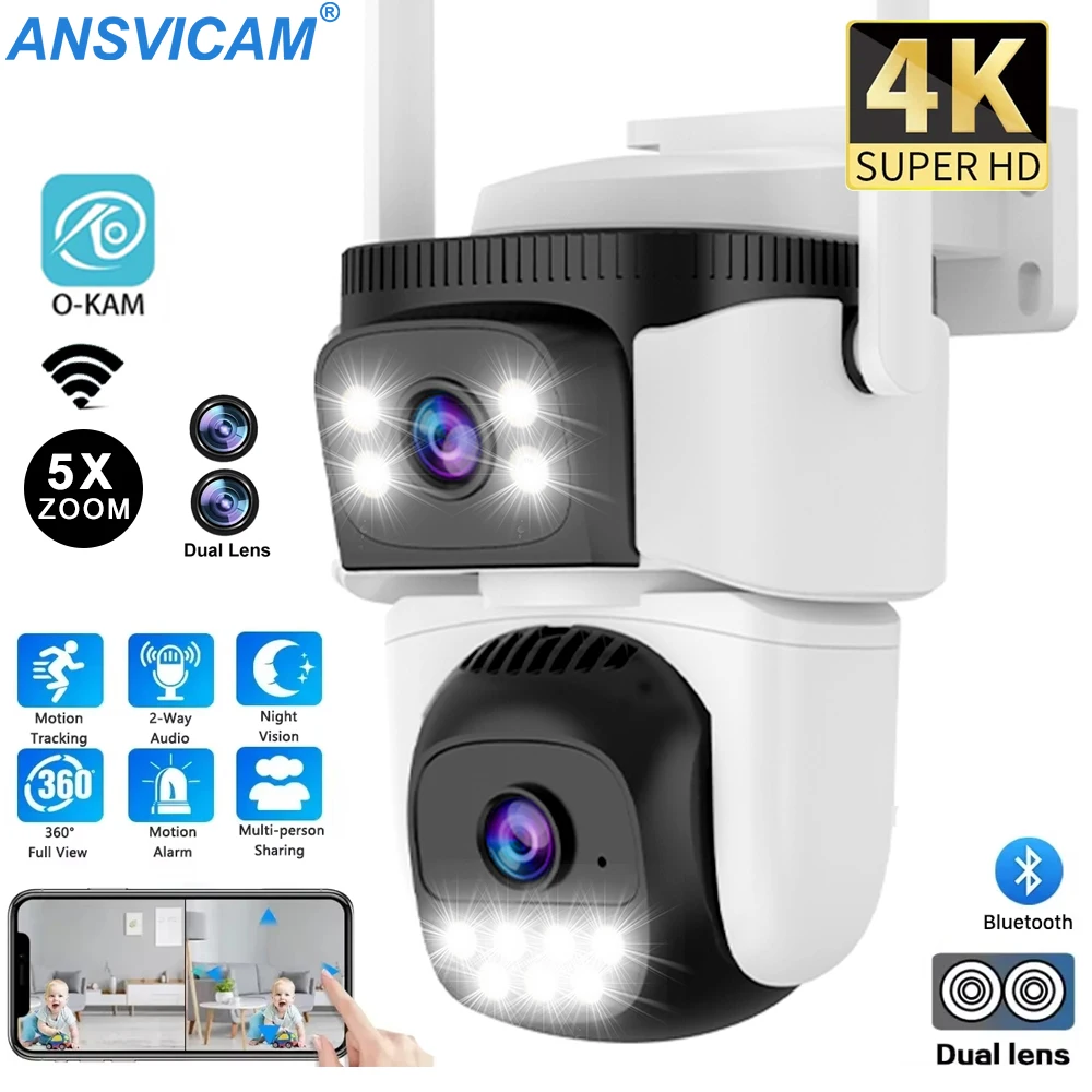 8MP HD WiFi Outdoor IP Cam Dual-Lens Dual-Screen PTZ Security Camera with Color Night Vision IP66 Waterproof Home CCTV O-Kam Pro