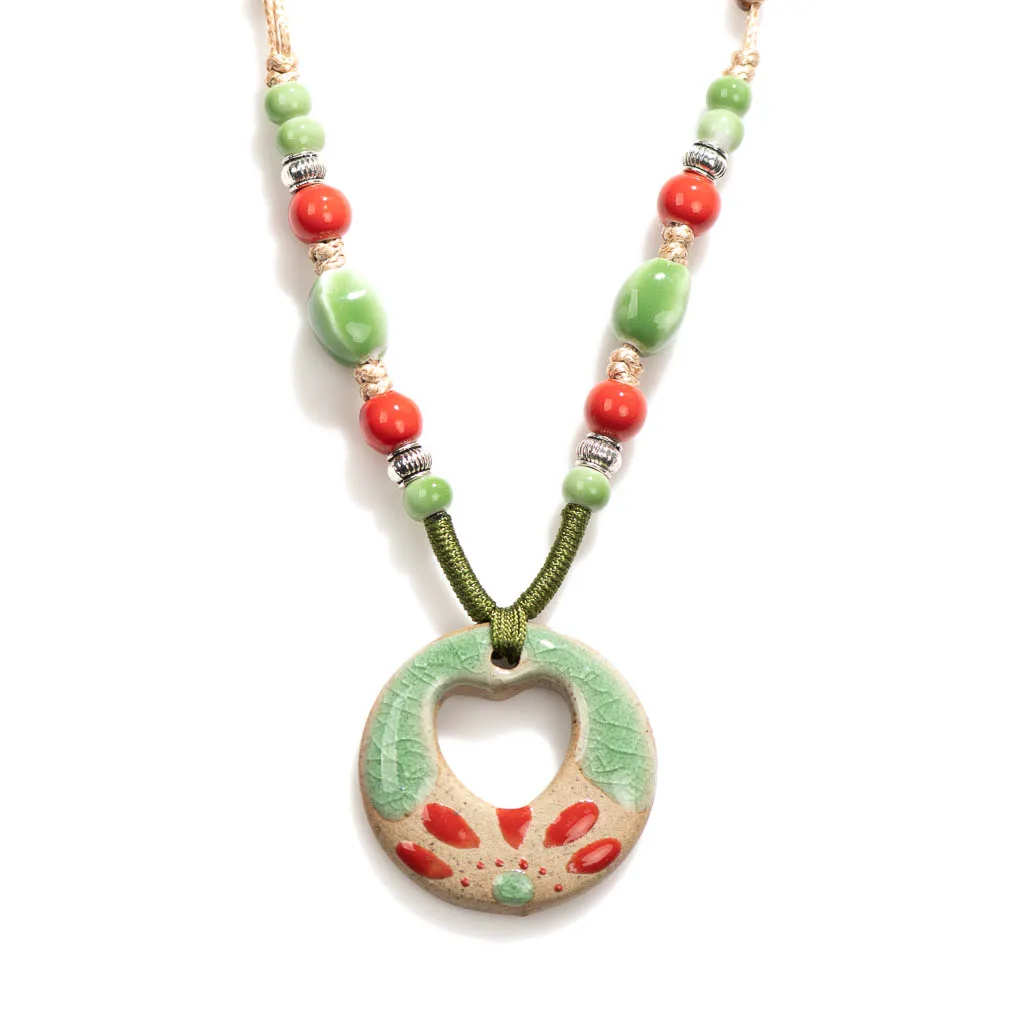 Handmade Vintage Ceramic Necklace Retro craft pottery Ethnic Style Jewelry Chinese Pendant Unique Women's Accessory X840M