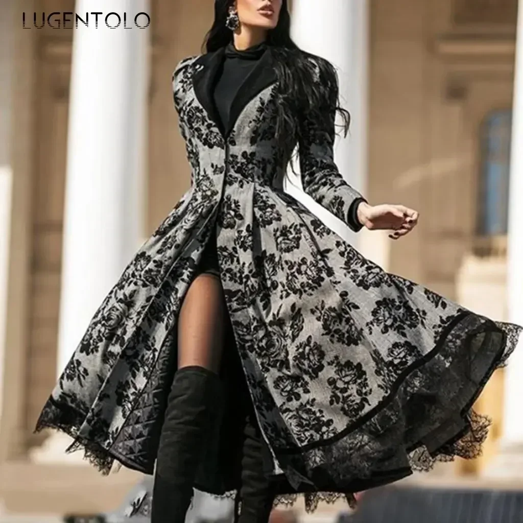 Women Vintage Party Trench Long Sleeve Autumn Splicing Lace Button Coat Female Casual Big Swing Fashion Jackets