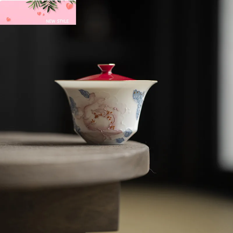 

100 мл нарисованный вручную пион Гайвань Высококачественные позолоченные чашки кунг-фу Чаша ручной работы Чашка для чая Женская эксклюзивная чайная художественная ремесло Подарок