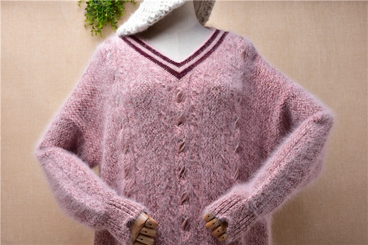 Female Women Fall Winter Clothing Hairy Mink Cashmere Knitted Long Sleeves V-Neck Loose Pullover Angora Fur Jumper Sweater Pull