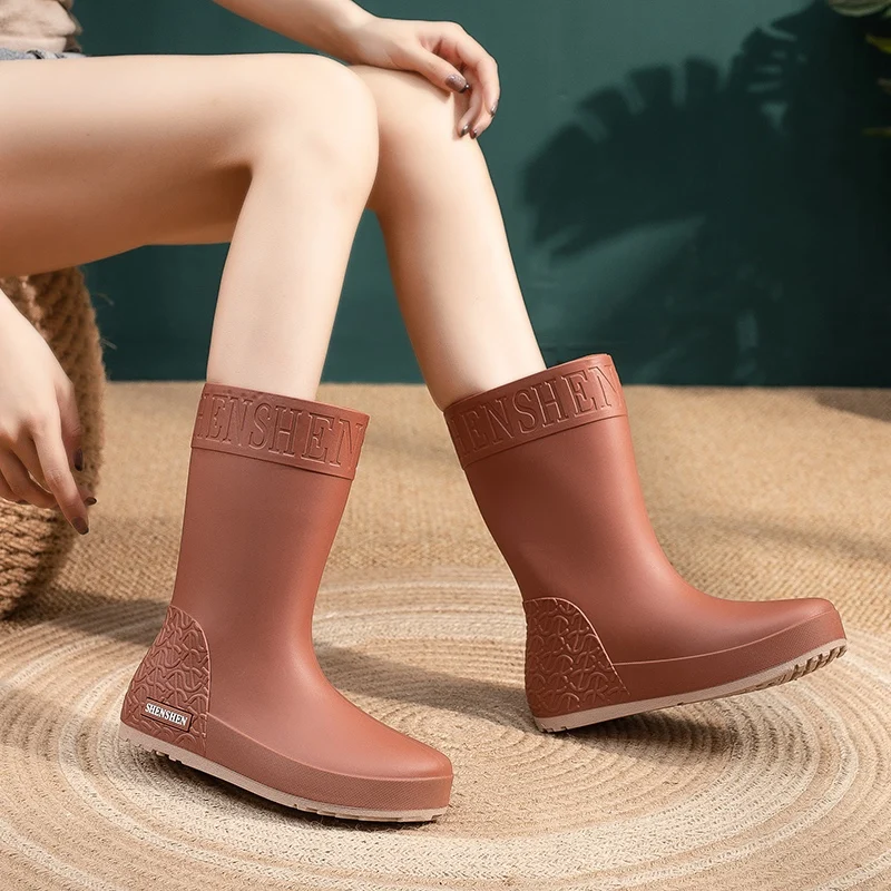 Rain Boots Ladies New Adult Fashion Mid-Calf Waterproof Non-Slip WearResistant Working Water-Proof Shoes Winter Cotton plus Warm