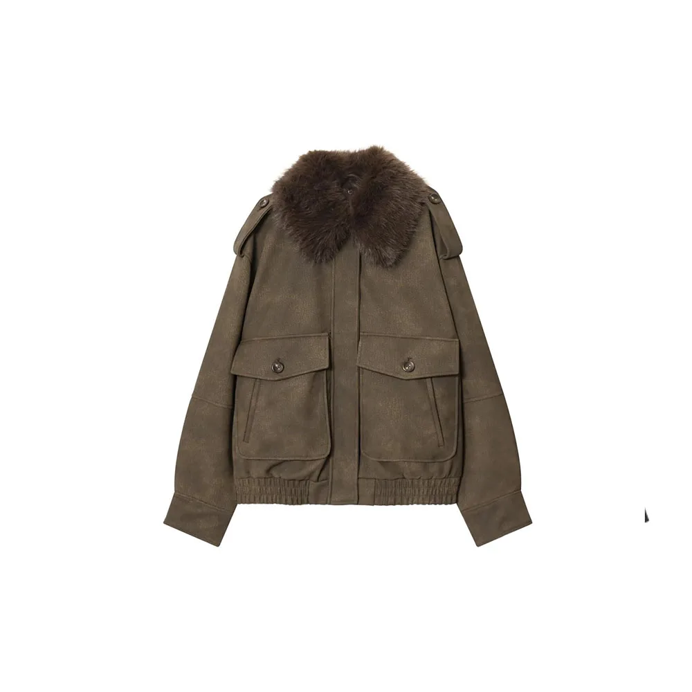 

Autumn new women's fashion casual suede effect detachable collar jacket top coat