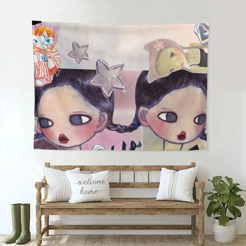 VIKAMA Y2K Big Eyes Sad Cartoon Girl Star Print Tapestry Soft Grunge Aesthetic Wall Hanging Bedroom Dorm Indie Room Decor