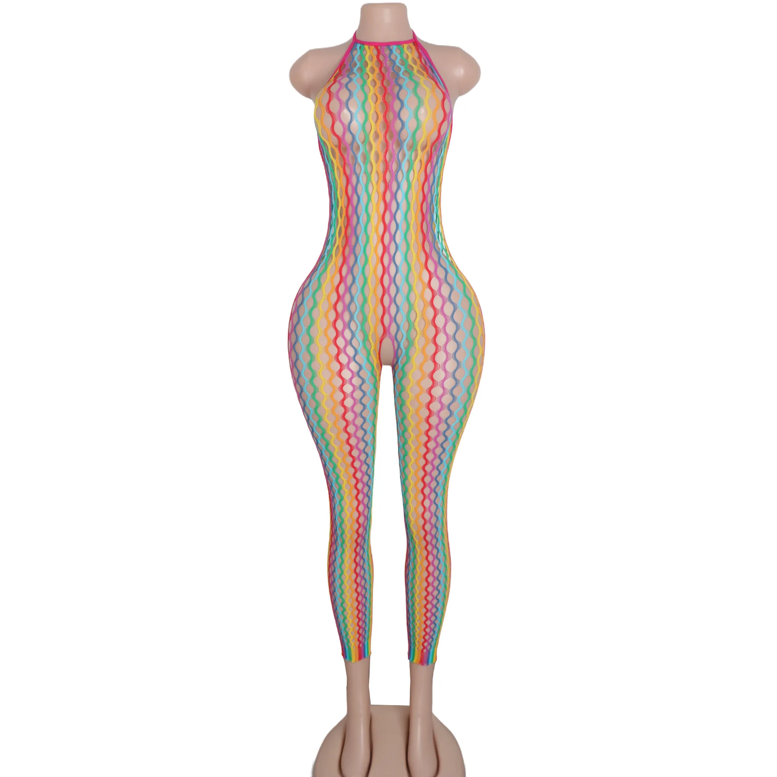 

Exotic Fishnet Bodysuit with Rainbow Accents Adult Dancewear Lingerie Night Club Performance Stripper Outfit Wholesale