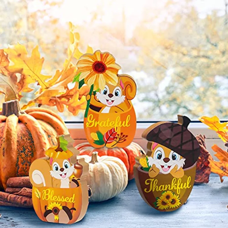3 Pieces Thanksgiving Decor for Home Fall Wooden Sign Thankful Grateful Blessed Pumpkin Fall Tiered Tray Decor Squirrel Acorns