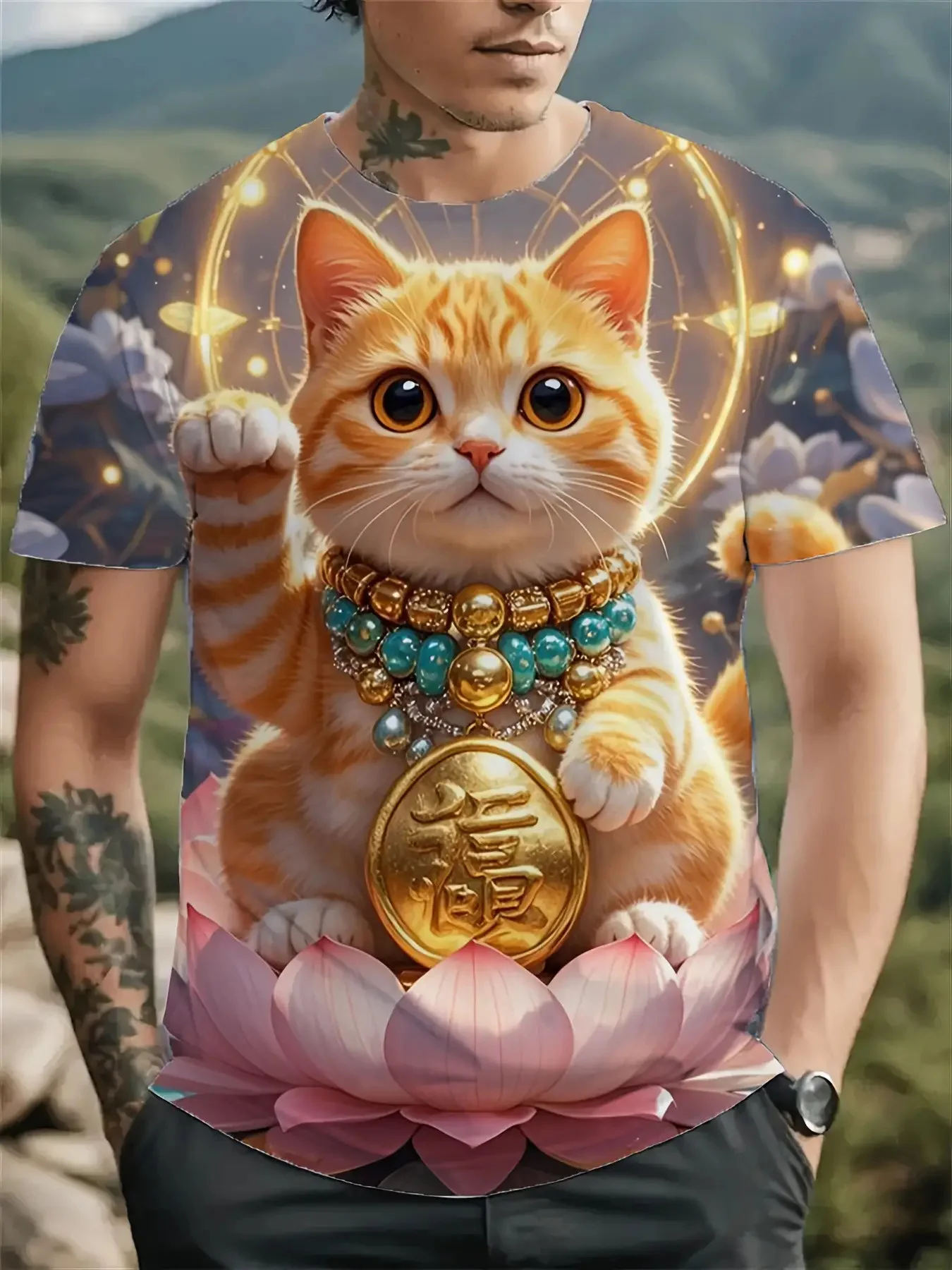 Men Short Sleeve T‑Shirt Cute Lucky Cat Lotus Golden Coin Oriental Art Crew Neck Tops