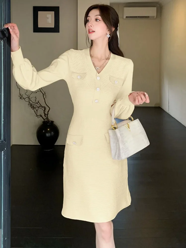 خريف شتاء حلو محبوك الخامس الرقبة Vestidos خمر عادية كم طويل أنيقة Elbise الكورية تصميم سليم ألفي مبطن فستان تريكو