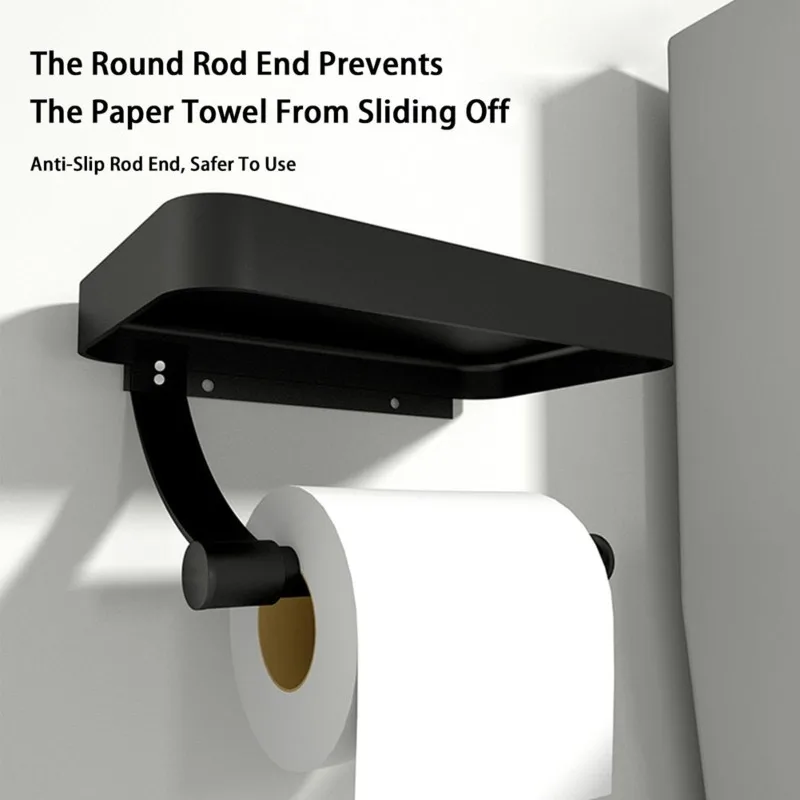 

ABGH-Aluminum Bathroom Tissue Holder With No-Drill Wall Mount Phone Shelf- Thickened Design