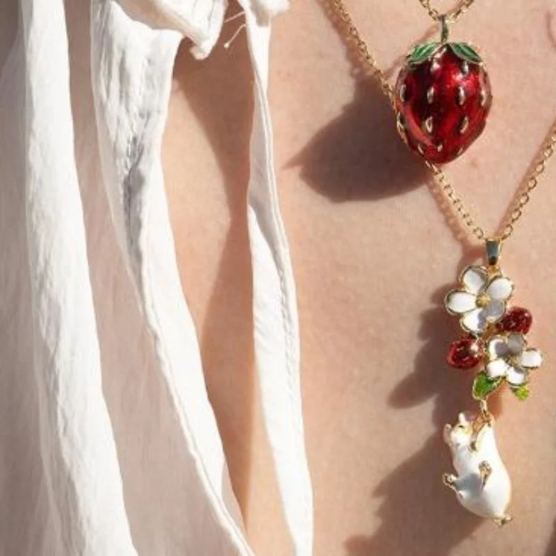 Hidden Hamster Animal Enamel Opening And Closing Locket Necklace With Gold Plated Chain Lovely Fruit Design Daily Wear Gift