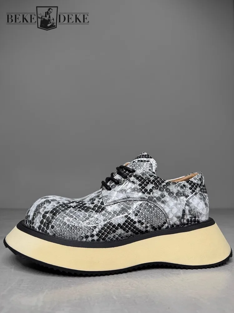 Mens Genuine Leather Shoes Designer Fashion Serpentine Pattern Cowskin Personality Runway Footwear Platform Casual Derby Shoes