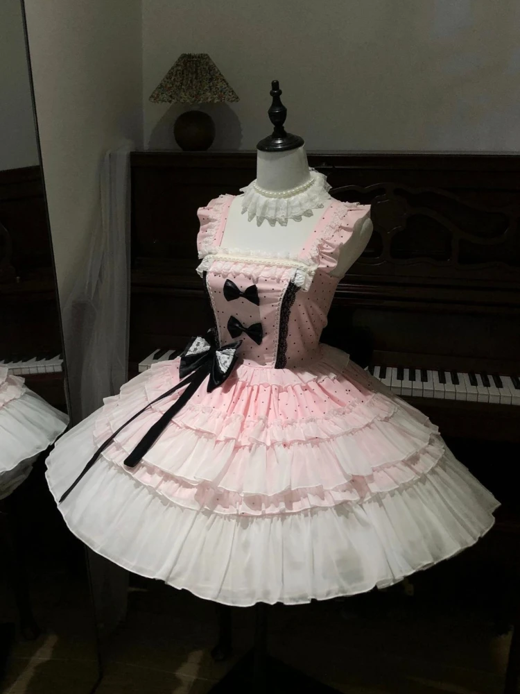 

2026 Cute Sweet Lolita Dress Women Sleeveless Lace Frill Mesh Bow Gothic Princess Style Cosplay Daily Street Holiday Outfit