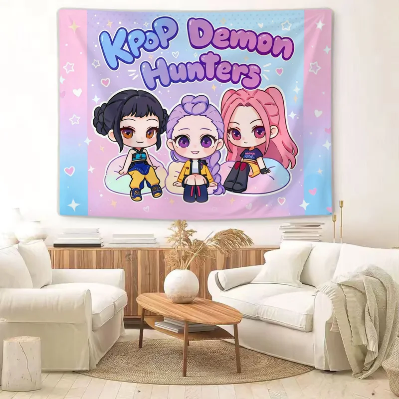 Hasbro KPop Idol Tapestry Chibi Girl Group Print Wall Hanging Pink Blue Pastel Background Aesthetic Room Decor for Bedroom Dorm