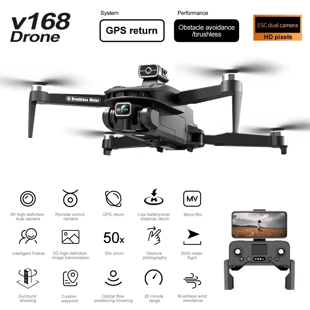 V168 GPS Drone 4K Professional HD Dual Camera 8K Dron Brushless Motor 5G WIFI FPV Foldable RC Quadcopter Helicopter