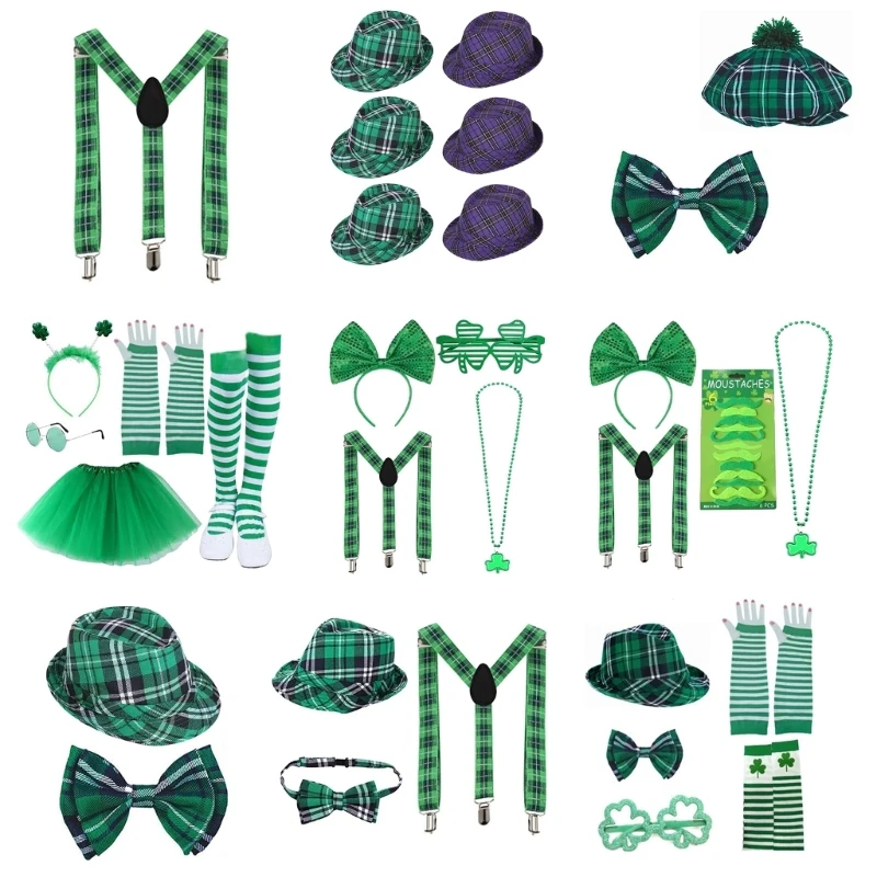 

Patrick's Day Hat Bowtie Beard Headband Necklace Eyeglasses Skirt Long Glove Leg Sleeve Patrick Costume Accessories