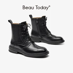 Beau Today Casual Ankle Boots For Women Genuine Calfskin Brogue Platform Slip-On Lace-Up Shoes Spring Autumn Handmade 03078