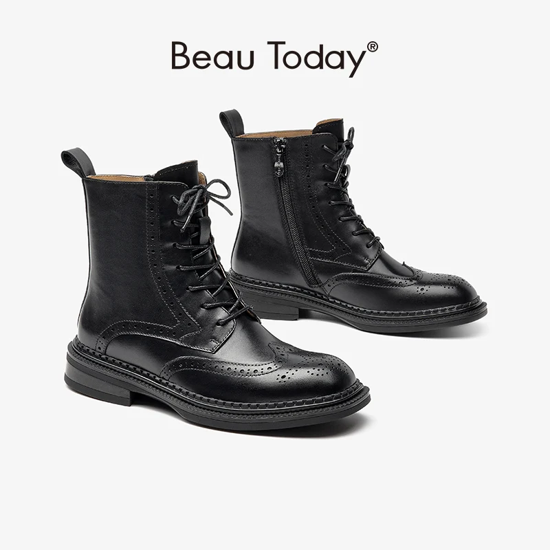 Beau Today trzewiki w stylu Casual dla kobiet prawdziwa skóra cielęca Brogue platforma Slip-On sznurowane buty wiosna jesień Handmade 03078