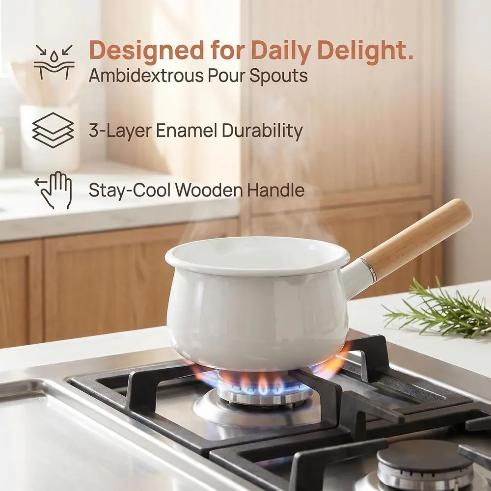 1 Quart Enamel Milk Pan with Dual Pour Spout, Small Enamel on Steel Saupan Milk Pot Butter Warmer with Wooden Handle, Stove Top view 2