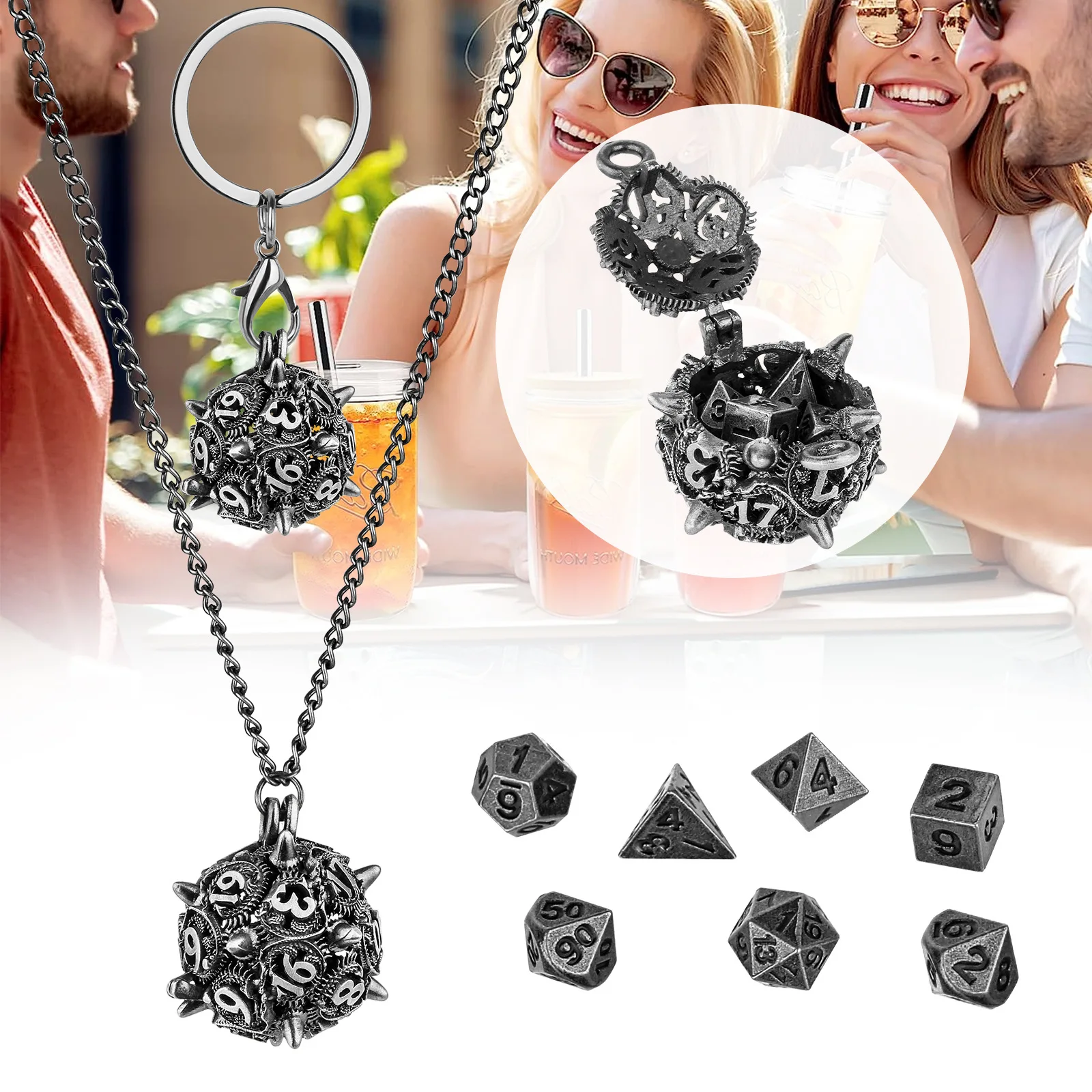 7Pcs 6MM Mini Spiked Hollow Cage D20 Keychain Pendant Detachable Key Ring Hollow Cage Frame Alloy TTRPG Tabletop Polyhedral Dice