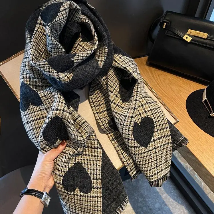 Faux Cashmere Scarf Autumn Winter Women's Love Heart Plaid Fashion Ladies Long Thickened Warm Knitted Scarf Hijab Stole