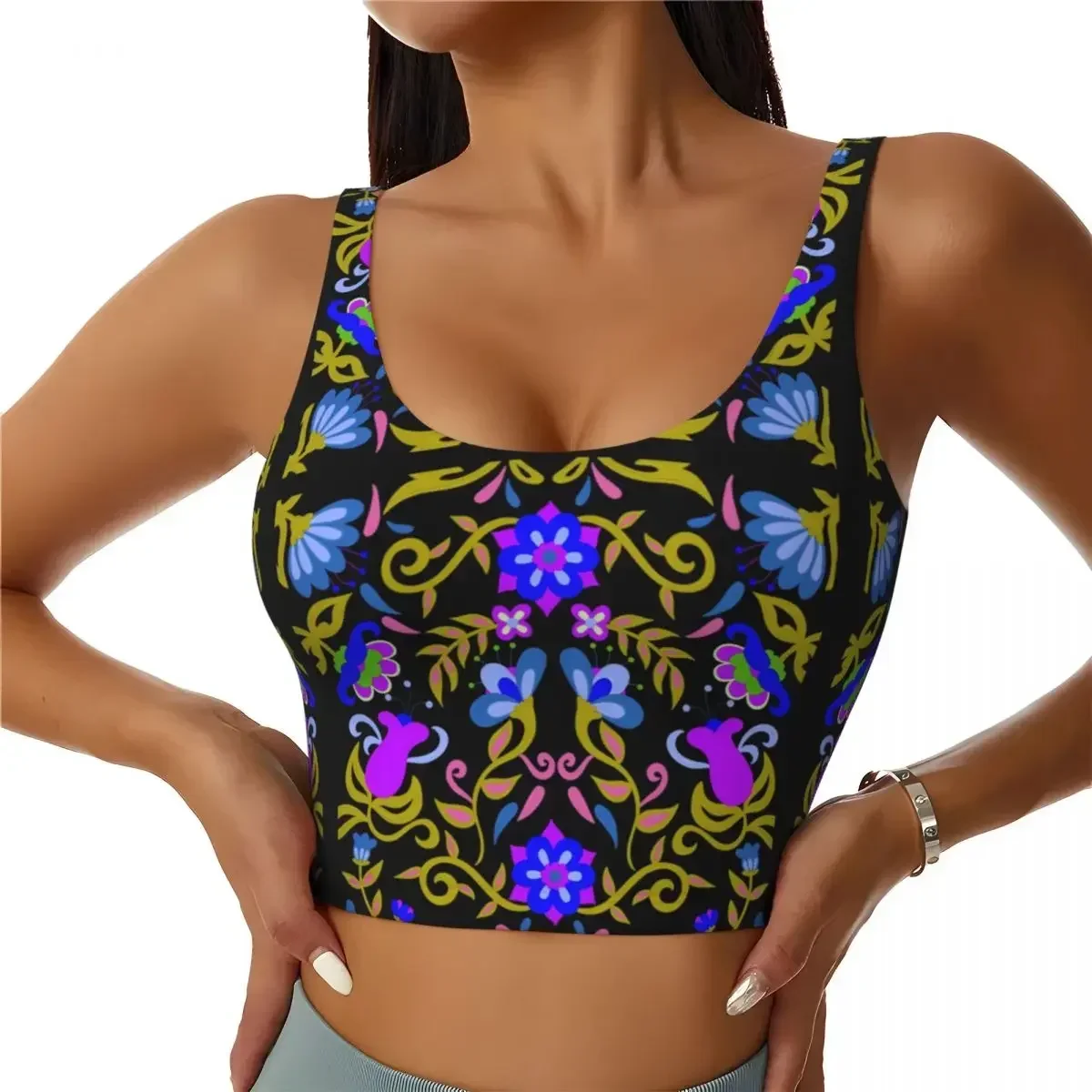 

Custom Mexican Flowers Sports Bra Women Traditional Textile Art High Impact Workout Yoga Crop Top