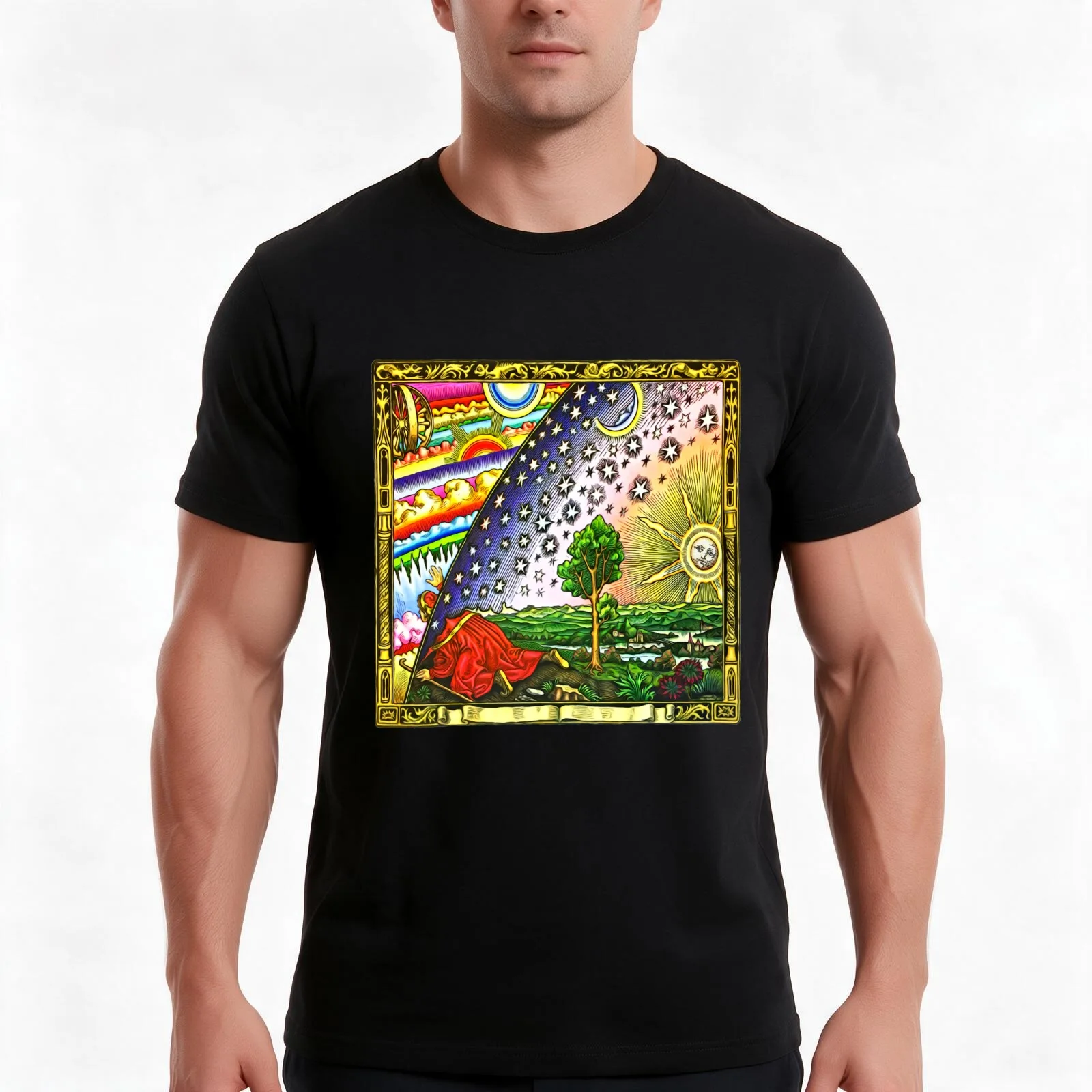 The Flammarion Engraving (Full Colour) T-Shirt, Summer Casual Cotton Tee, Oversized Streetwear Tops, Vintage Graphic Print