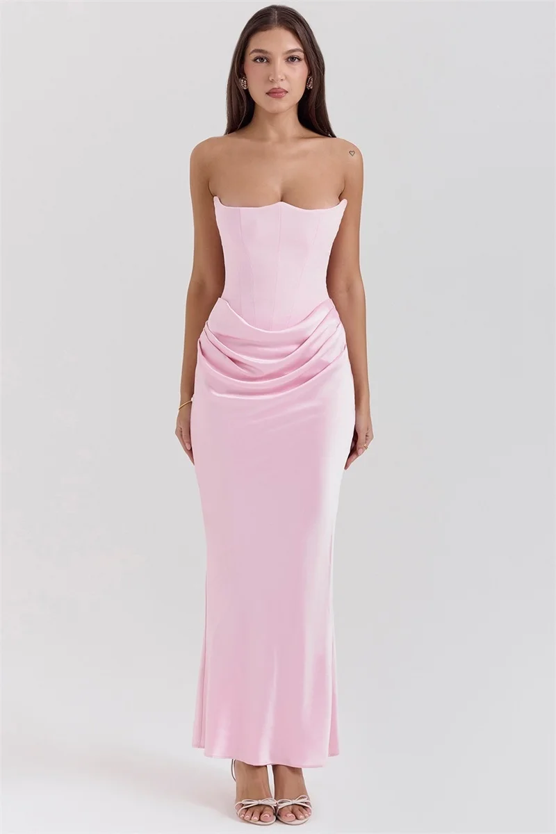 Ivory Sexy Corset Prom Dress Strapless Sleeveless Satin Ruffles Sheath Party Gown Holiday Beach Formal Wedding Birthday Robe