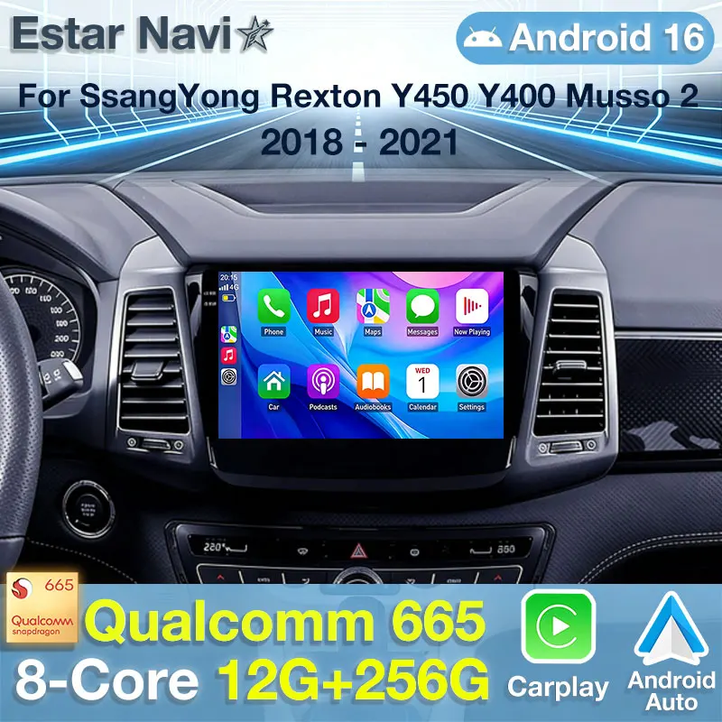Android 16 Car Radio For SsangYong Rexton Y450 Y400 Musso 2 2018 - 2021 GPS Multimedia Player Navi Head Unit Stereo Video DSP BT