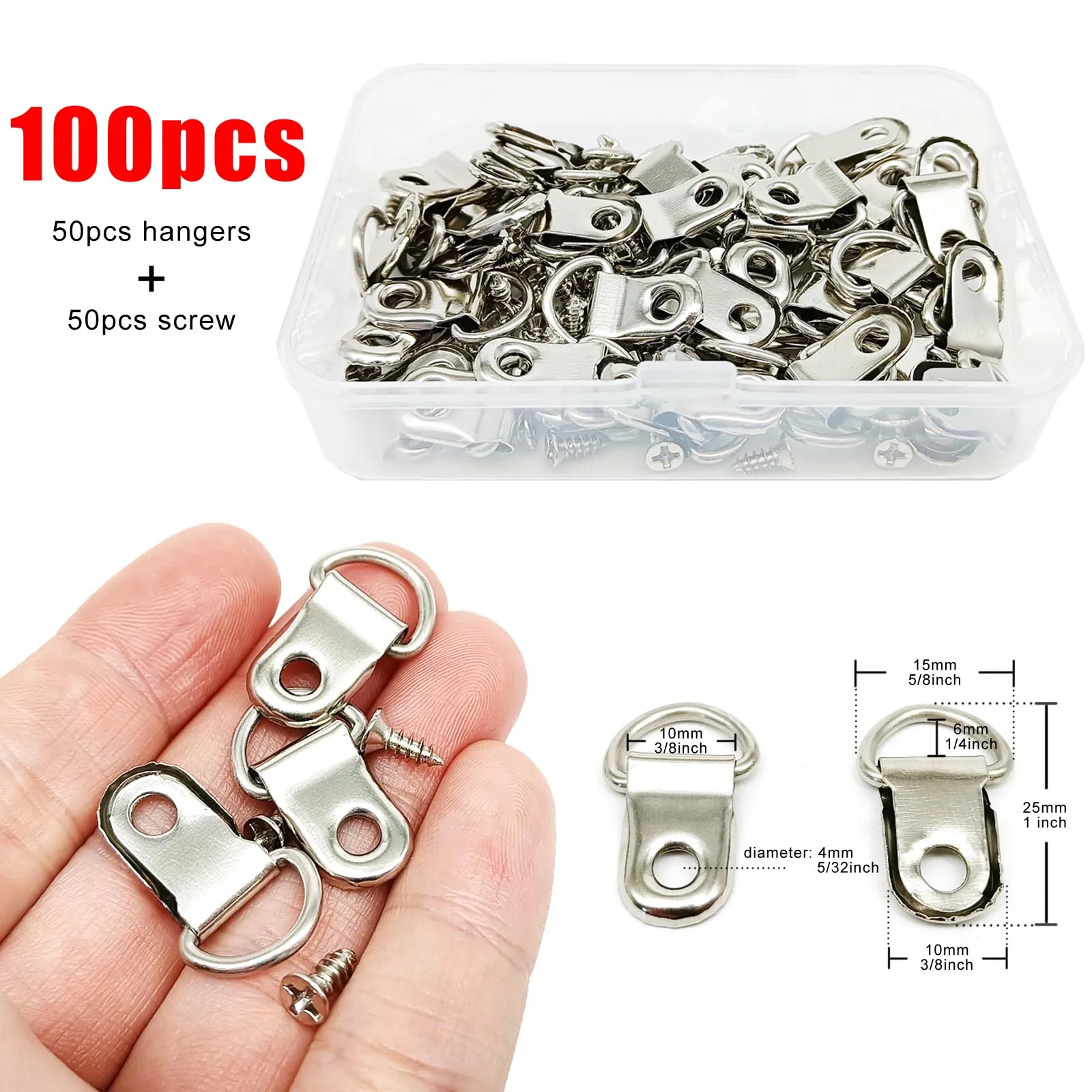 100pcs/box Picture Frame Hangers Hooks for Oil Painting Photo Mirror Wall Triangle D-Ring 50pcs Hangers + 50pcs Screws 15x25mm