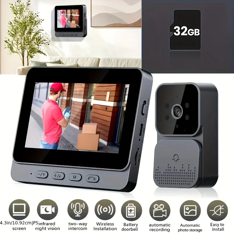XBIBI Wireless Video Doorbell, doorbell ring camera wireless, doorbell camera wireless no subscription, 4.3-inch IPS Monitor Screen Door Bell Camera , Two-Way Audio, No WiFi Required, No APP, for Home, Villa, Apartment, Easy Installation