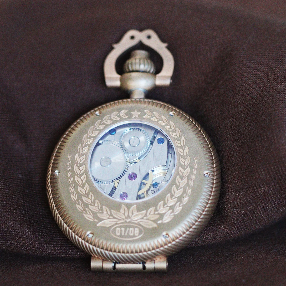 Bronze pocket watch with double-sided spherical gemstone glass manual mechanical movement, waterproof