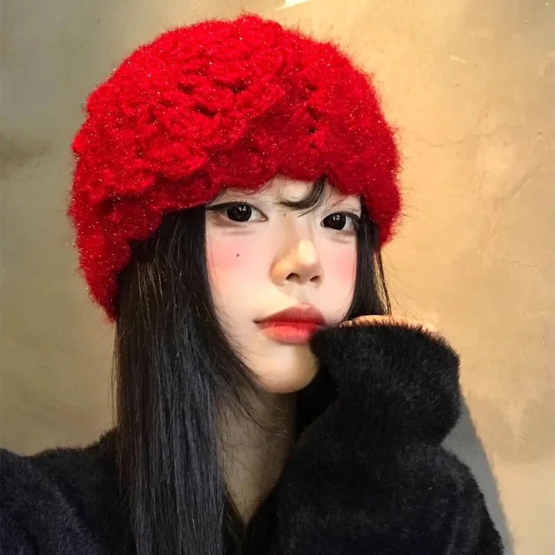 جديد اليد الكروشيه ثلاثية الأبعاد زهرة البلوز القبعات للنساء الخريف والشتاء السفر صور جو تنوعا عادية الدافئة بيني