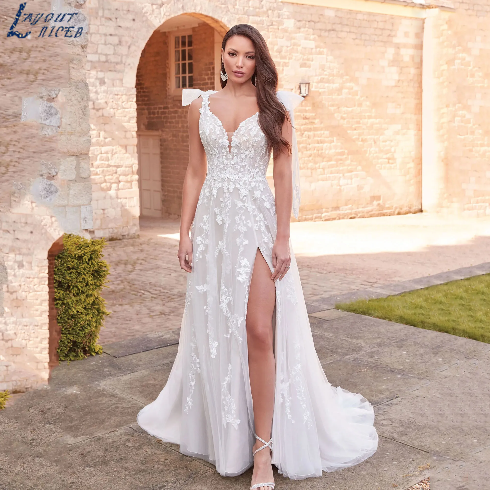 

RODDRSYA Tulle A-line Wedding Dress Women Sexy V-Neck Sleeveless Backless Bride Gown Lace Appliques vestidos de novia Customized