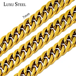 LUXUSTEEL 7MM Punk Stainless Steel Cuban Curb Link Chain For Women Men Golden Necklace Hip Hop Miami Male Jewelry Wholesale
