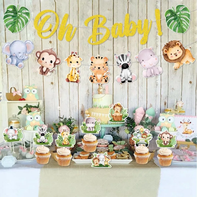 Safari Baby Shower Party Decoration Oh Baby Banner Jungle Animal Cupcake Toppers Kids Birthday Party Supplies Decor