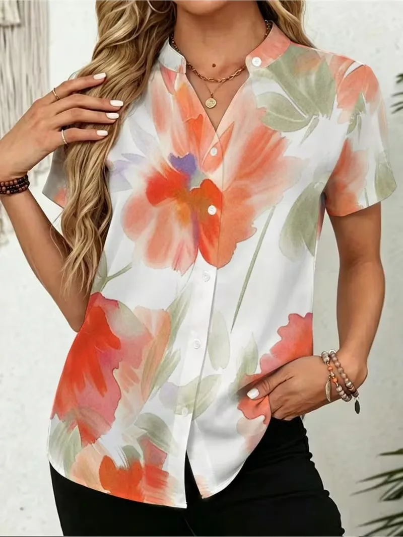 Summer Shirts Women Short Sleeve Gradient tie dye Blouse Flower Print Clothing Fashion Street Casual Daily V-Neck Button Tops