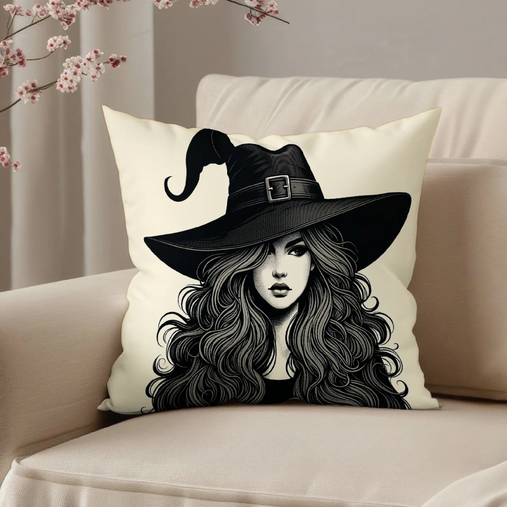 Square Throw Pillow Case Cream White Witch Girl Black Hat Graphic Print For Living Room Sofa Bedroom Home Decor Cushion Cover