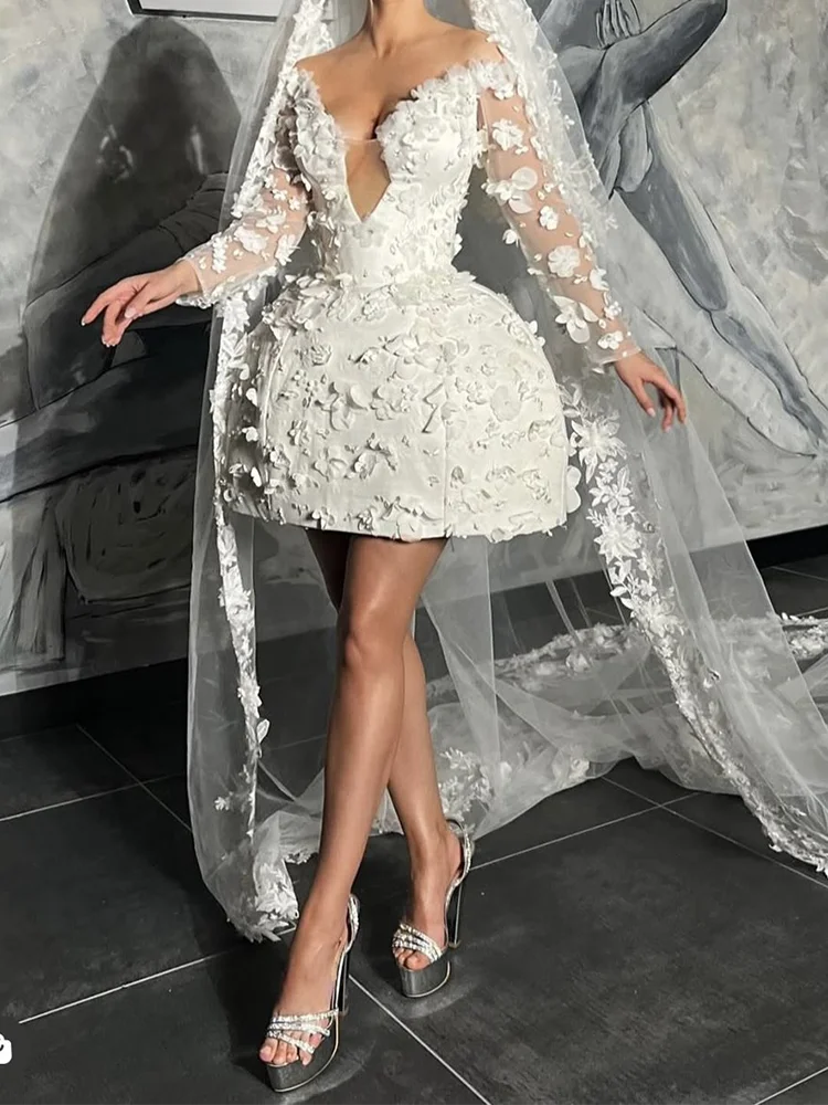 Elegant Appliquins V-Neck Floral Full Sleeve A-Line Bride Wedding Dresses Bridal Gowns Customized